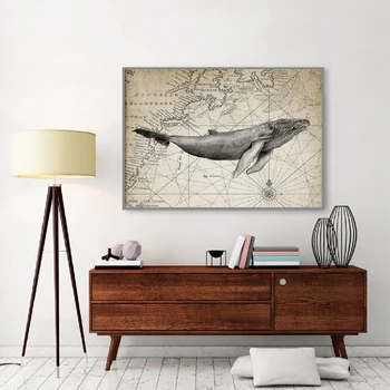 Humpback Whale Tapyba Ant Žemėlapio Fone Spausdinti Derliaus Plakatas Drobė Spausdinama Nuotrauka Vonios Sienelės Meno Dekoro