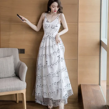 Ilgas Šalis Suknelė Moterims Spausdinti Muzikos Simbolis Slim Korėjos Suknelė Mados Gražių Moterų Spageti Dirželis Baltas Vasaros Elegantiška Suknelė