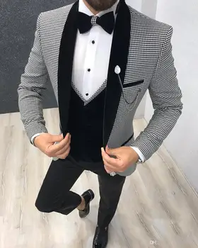 Italijos Dizaino 3 Gabalas Oficialų Vyrų Kostiumas 2019 Slim Fit Šalies Prom Kostiumas Houndstooth Vyrų Jaunikis Vestuvių Kostiumą Geriausią Vyro Švarkas Smokingas