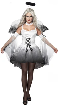Išgalvotas Balta Tamsiai Velnias Fallen Angel Kostiumas Helovyno Cosplay Suaugusių Moterų Sexy Gotikos Angel Dress+Galvos Apdangalai+Vertus Siūlai+Sparnai