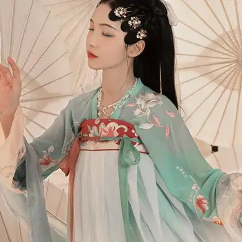 Išsiuvinėta Gėlių Krūtinės Ilgis Hanfu Priešas Moterų Elegantiškas Tango Kostiumas 2VNT Tiktų Žalia Etapo Rezultatus Tradicinių Drabužių