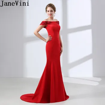 JaneVini Ilgai Undinė Šalis, Chalatai Raudona Prom Dresses 2019 Laurea Off Peties Puošnios Nėrinių Gėlių Nėriniai-Up Baigimo Vakarinę Suknelę