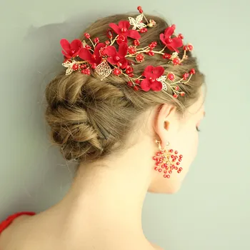JaneVini Vintage Red Nuotakos Plaukų Šukos Perlai, Šilko Gėlės Šukuosena Nuotaka plaukų segtukai su Auskarai Moterims, Vestuvių Plaukų Aksesuarai