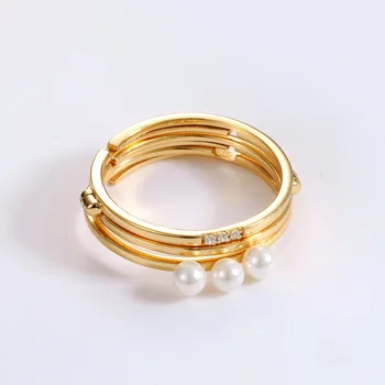 Japonijos ir korėjos stiliaus perlų balta cirkonio reguliuojamo ilgio grandinės trijų pirštų atlenkimo žiedas S925 juoda moterų