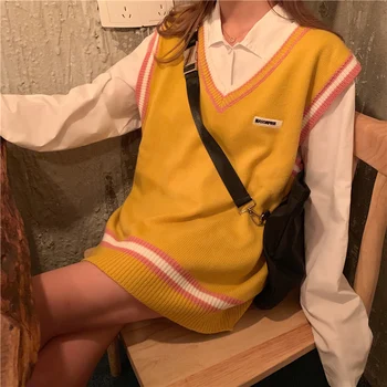 Japonijos Megztinis liemenė vientisos spalvos, mielas megztinis Mergaitei mokykla vest mielas Atsitiktinis Palaidų Vest violetinė mėlyna Geltona
