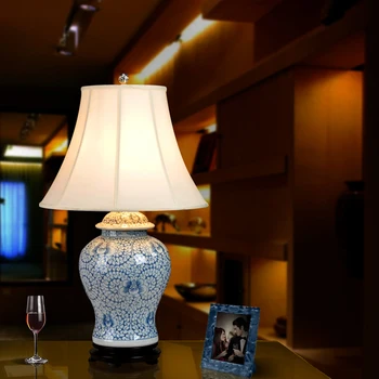 Jingdezhen Didelio dydžio Rankomis Dažyti Mėlyna Ir Balta Porceliano Stalo Lempa Kinų Stiliaus Miegamojo Kambarį Tyrimą, Naktiniai staleliai, lempa