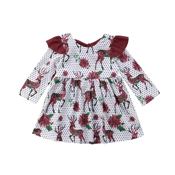 Kalėdų Baby Girl Dress 1-6T Bamblys Vaikai Kalėdos Šalis Gėlių Elnias Dot Ilgai Skristi Rankovės Princess Tutu Sukneles Apranga, Drabužiai