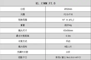 Kamlan 15 mm f2.0 Manual focus Wide angle APS-C Veidrodžio kameros objektyvas Canon M/Sony E/Fuji X/M43 Mount Kameros