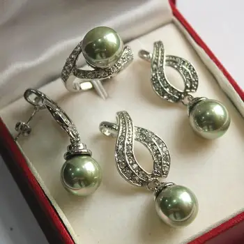 Karšta! kilnus naujų papuošalų sidabro padengtą + 12mm žalia perlų pakabukas, auskarai, , žiedas rinkinys