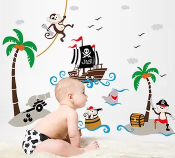 Karšto Kūrybos Beždžionė Piratų Laivas Animacinių Filmų Siena Lipdukas Freskos Vinilo Meno Decal Baby Vaikų Darželio Decal