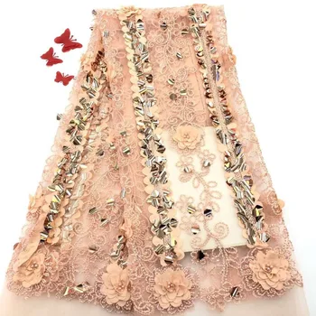 Karšto pardavimo Afrikos 3D nėrinių audinio 2019 aukštos kokybės šviesiai violetinės spalvos siuvinėjimai blizgančiais zawalcowany prancūzijos tiulio nėrinių moterų suknelė