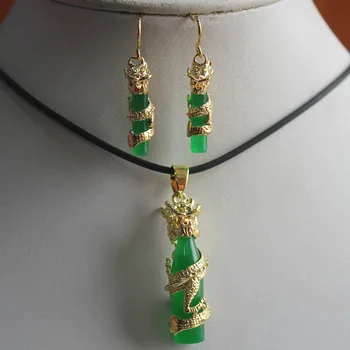 Karšto parduoti nemokamas pristatymas stiliaus Kinijos drakonas ir green jade cilindrų pakabukas & auskarai rinkiniai