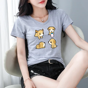 Kawaii Vasarą Moterys Kpop T-shirt Šuo Spausdinti Mielas Marškinėliai Trumpas Estetinės Rankovės Prarasti Medvilnės, T-marškinėliai, Unisex Tees Minkštas