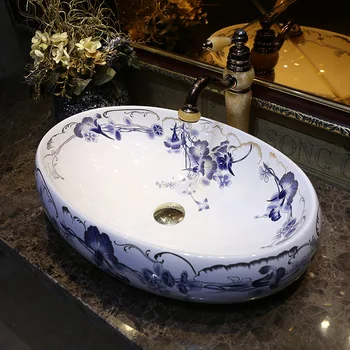 Keramikos Baseino ovalus Praustuvas Sanitarijos Meno dubenį mėlynos ir baltos spalvos porceliano keramikos praustuvas vonios kriaukle