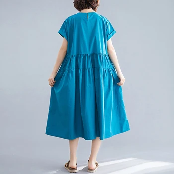 Kietojo medvilnės moterų suknelės 2020 metų vasaros derliaus o-kaklo trumparankoviai-line kelio ilgis plisuotos kelio ilgis mergina suknelės