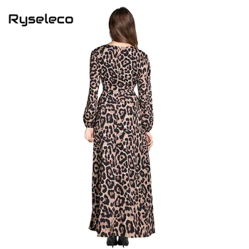 Kilimo ir tūpimo tako Moterų Mados Chic Rudenį Leopardas Spaudiniai Visą Rankovės Ilgos Suknelės OLIS Paplūdimio BOHO Maxi Elegantiškas Atsitiktinis Palaidų X-ilga Suknelė XL