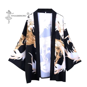 Kimono Harajuku Yukata Laisvi Marškinėliai Cardigan Kostiumų Stilius Pora Kailis Spausdinti Naujus Samurajus Japonijos, Kinijos, Japonijos Vyrų, Moterų Drakonas