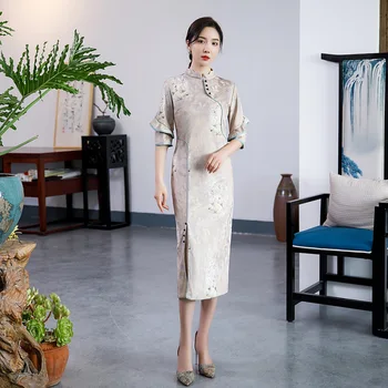 Kinijos Moterų Aukštos Kokybės Drabužių Cheongsam Moterų Pagerėjo Rankovės Retro Elegantiškas Ilgas Suknelės Gėlių Šalies Qipao