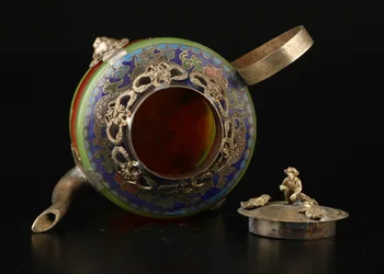 Kinijos rankų darbas senas, žalia ir Raudona jade apyrankę apdaila tibeto-sidabro dragon arbatinukas