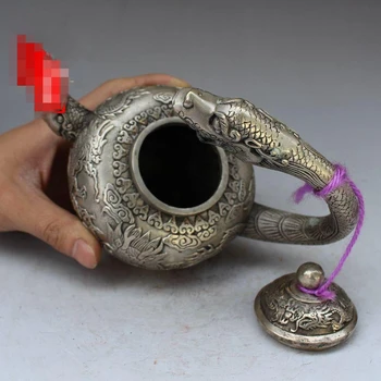 Kinų senovės Tibeto sidabro dagron statula apdailos virdulys vyno puodą arbatinukas metalo amatų namų puošybai