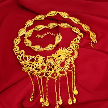 Klasikinio 24k Geltonojo Aukso Derliaus Nuotaka Karoliai Moterų Stiliaus Kinijos Drakonas 