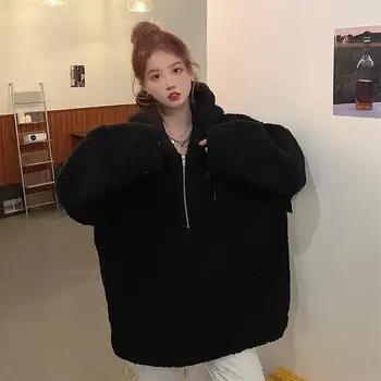 Korėjos Hoodie Moterų megztinis Rudenį, Žiemą vientisos Spalvos ilgomis Rankovėmis Pusė Užtrauktukas Dirbtiniais Fleece series Hoodie толстовка 2021