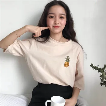 Korėjos Mados marškinėliai, Drabužiai Moterims, Negabaritinių Ananasų Siuvinėjimo Juokingi Marškinėliai Pusė Rankovės O-kaklo Prarasti Viršūnės