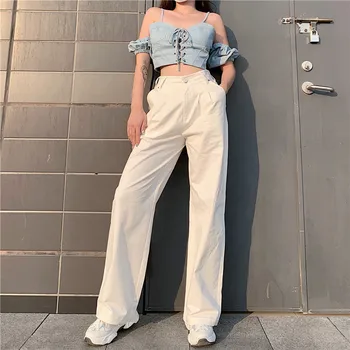 Korėjos Mados Stiliaus Baltos Tiesios Kelnės Moterims Atsitiktinis Aukšto Juosmens Pagrindinio Prarasti Moterų Kelnės 2021 M. Rudenį Streetwear