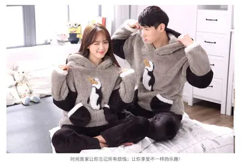 Korėjos mielas pingvinas pižama nustatyti minkštos šiltos unisex gobtuvu rinkiniai kawaii ausies namų drabužių žiemos mylėtojai storio gyvūnų sleepwear kostiumai