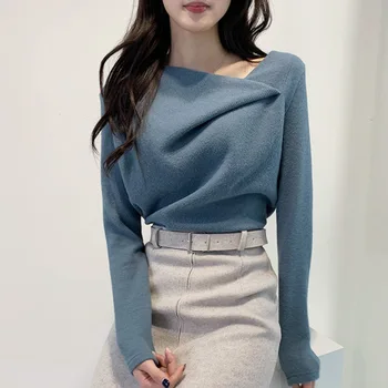 Korėjos Rudens ir Žiemos Dizainas, Mažas, Nereguliarus ilgomis Rankovėmis Dugnu T-shirt Moterų Retro Universalus Užsienio Stiliaus Viršaus