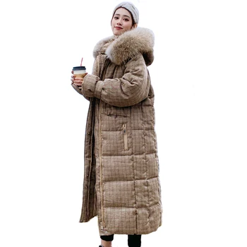 Korėjos Stiliaus 2019 Žiemos Striukė Moterims, Su Gobtuvu Kailio X-long Down Coat Tirštėti Šiltas Kamšalu Parko Aukštos Kokybės