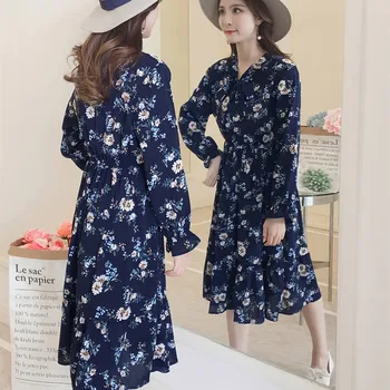 Korėjos Stiliaus Pavasario Long Sleeve Dress Lady Atsitiktinis Vasaros Gėlių Spausdinti Šifono Marškinėliai Suknelė mados Lankas Midi Suknelė Vintage Vestido