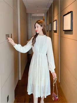 Korėjos Suknelė Ilgai Mielas Tiulio Nėrinių Moteris 2021 Suknelės Derlius Žiemos Midi Balta Sluoksniuotos Rankovėmis Atsitiktinis Maxi Akių Ruched Šifono Šalis