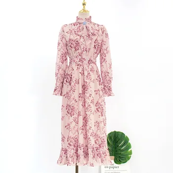 Kpop IU Lee Ji Eun rudenį naujų mados rožinis kaspinėlis-mazgas plisuotos Gėlių suknele moterys šalis Elegantiškas ilgomis rankovėmis slim Aukšto juosmens suknelės