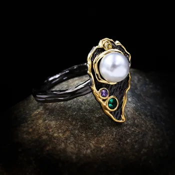 Kūrybos Lapų Plunksnų Spalva cirkonis Perlas Perlas Žiedas juodojo aukso šviesą žiedas moterims vestuvės vestuvinis žiedas papuošalai