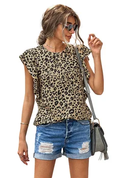 Leopard/Kamufliažas Spausdinti Susiėmę Bžūp Rankovėmis T-shirt Moterims, Mados Spalvotų tie dažai su Kišenėje Atsitiktinis Marškinėliai Topai 7 Spalvų