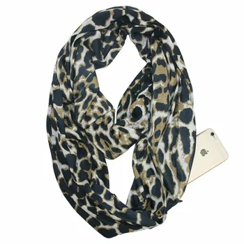 Leopardas spausdinti megzti vieną jersey infinity šalikas su zip kišenėje moterų medvilnės snood ratas skara ant kaklo šilčiau gaubtas apykaklės