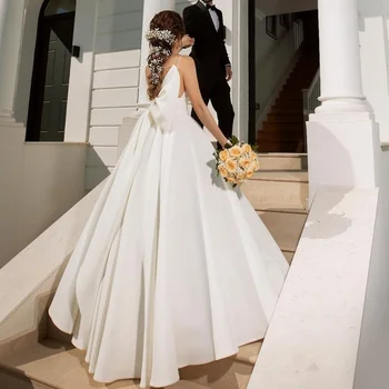 Linijos Pigūs Vestuvių Suknelė 2019 Spagečiai Dirželiai Satino Grindų Ilgio chalatas de mariee su Didelis Lankas Varčios Užsakymą Vestuvinės Suknelės