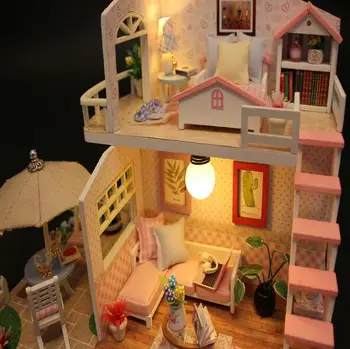 M033 pink loft Miniatura Medinės Lėlės Namas Baldai, mediniai Miniaturas Lėlių Žaislai Vaikams Gimtadienio Dovana