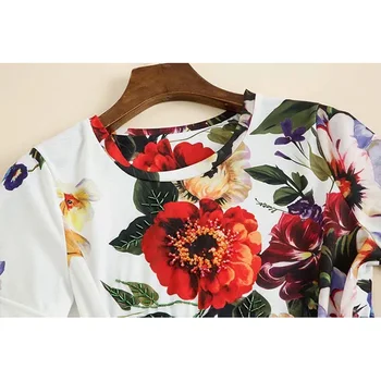 Mados Dizaineris Vasaros Rinkiniai Duobute trumpomis Rankovėmis T-shirt Viršūnes + Gėlių Spausdinti sijonas, Dviejų dalių komplektas