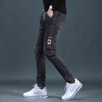 Mados Juodos Džinsinio Audinio Kelnės Vyrų Slim Fit Ruožas Džinsai Korėjos Stiliaus Raišteliu Kelnės