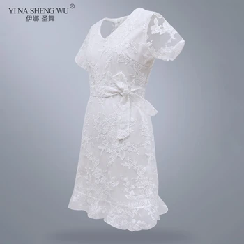 Mados Tuščiaviduriai Iš Baltos Spalvos Suknelė Sexy Moterys Vasarą Mini Suknelė Pusiau Vien Pasinerti V-Kaklo Trumpomis Rankovėmis Nėriniai Suknelės