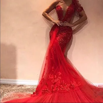 Mados Vakarą Oficialią Suknelės 2019 Elegantiškas Undinė Vieną Petį Puošnios Nėrinių Aplikacijos Raudona Moterų Prom Šalis Suknelė Chalatas de Soiree