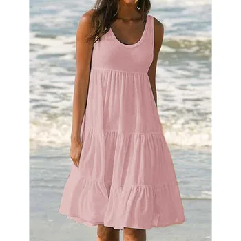 Mados Vasaros suknelė didelis dydis vasaros suknelės prarasti paprasta berankovis suknelė moteriški drabužiai vientisos Spalvos Paplūdimio Suknelė