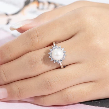 Mamos Žiedas 925 Sterlingas Sidabro Halo Žiedas Sona Diamond Metis Mados 8mm Gėlavandenių Baltųjų Perlų Vestuvinis Žiedas