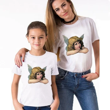 Mamytė ir Man Drabužius Angelas Mados Marškinėliai Kawaii Print T-shirt Šeima Atrodo Ullzang Marškinėlius Harajuku Viršuje Tees Baby Girl Drabužiai