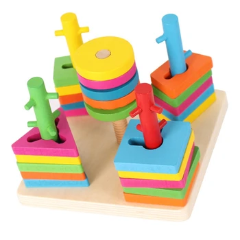 Mediniai Geometrinės Formos Atitikimo Penki Stulpeliai Dėlionės Blokai Montessori Plytų Žaislų Rinkinys, Vaikų Ankstyvojo Lavinimo Žaislai