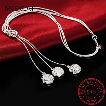 MEEKCAT 925 Sterlingas Sidabro Trijų Rožių Žiedų Gyvatė Grandinės Karoliai Moterų Žavesio Vestuvių Dalyvavimo Šalies Fine Jewelry