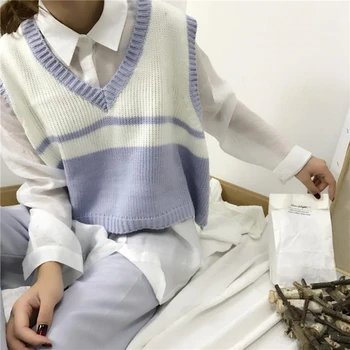 Megztinis Liemenė Moterims Dryžuotas Prarasti Preppy Rankovių Megztiniai Studentų Korėjos Stiliaus Rudens Žiemos Outwear Elegantiškos Retro Megzti Naujas