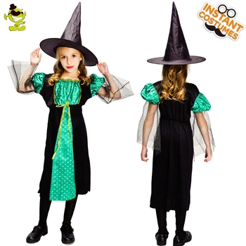 Mergina Ragana Cosplay Kostiumų Vaikas Helovinas Fancy Dress Šalis Skrybėlę Suknelė Mergina Vedlys Žalia Suknelė Ragana Rinkinys
